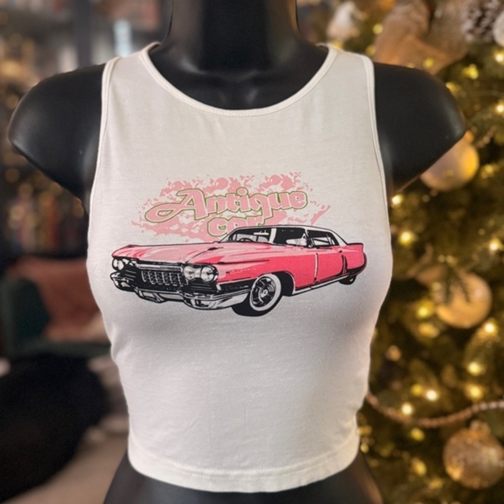 SHEIN White Crop Top with Pink Vintage Car Graphic